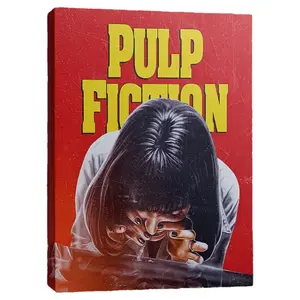 Pop art Pulp Fiction poster with bold yellow and red lettering,  art for living room, bedroom, office, home theater decor, canvas  art, office artwork, iconic movie design, artwork restaurant wall