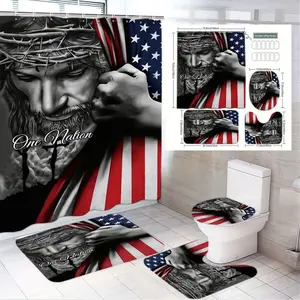 1/4pcs Patriotic Religious Bathroom Set, Shower Curtain Sets, Jesus Christ with American Flag Shower Curtain (Crown of Thorns) & 'One Nation' Text, Matching Bath Mat & Toilet Lid Cover for Home Decor - Perfect for Independence Day, Christmas