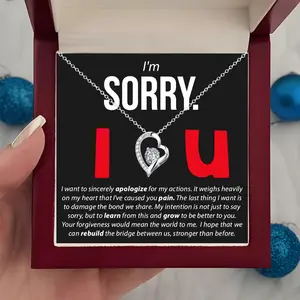 To My Grilfriend Love Heart Necklace, Sorry Necklace Gift Apology Gift Jewelry with Message Card for Her and LED Box