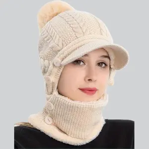 1PC Winter Women's Pullover Ear Warmer Hat Scarf Mask Combo | Thick Fleece-Lined Knitted Ski Cap for Cold Weather, Cable Pattern Beanie with Slouchy Fit, Soft Windproof Design for Outdoor Sports & Daily Wear