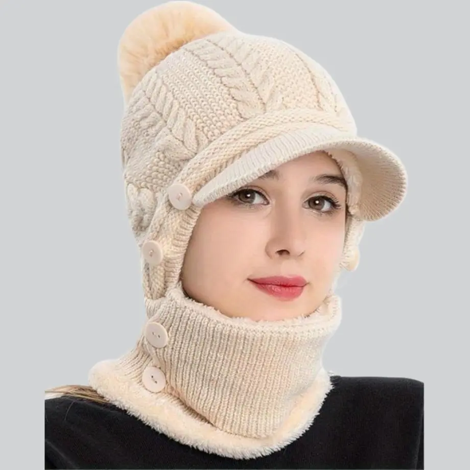 Women's Winter Slouchy Cable Knit Fleece-Lined Beanie Outfits - Attached Scarf, Face Mask, Adjustable Strap, Holiday Clothes for Casual Outdoor Sports, Slouchy Beanie, One-Pieces