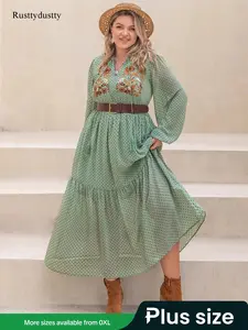 Women's Plus Size Floral Embroidered & Polka Dot Print Shirred High Waist Vintage  A Line Dress without Belt, Casual Boho Fashion Tie Neck Bishop Sleeve Long Dress