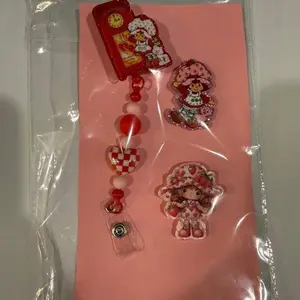 Strawberry Shortcake Themed Beaded Badge Reel Set, Red and Pink Design for all the girlies!