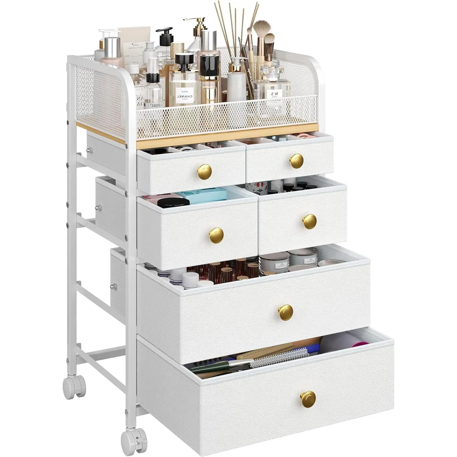 Rolling Makeup Cart Organizer with 6 Drawers, Makeup Storage with Wheels, Floor Skincare Organizers Vanity Storage Organizer Cosmetics Display Cases for Skin Care Perfume Nail Polish, White