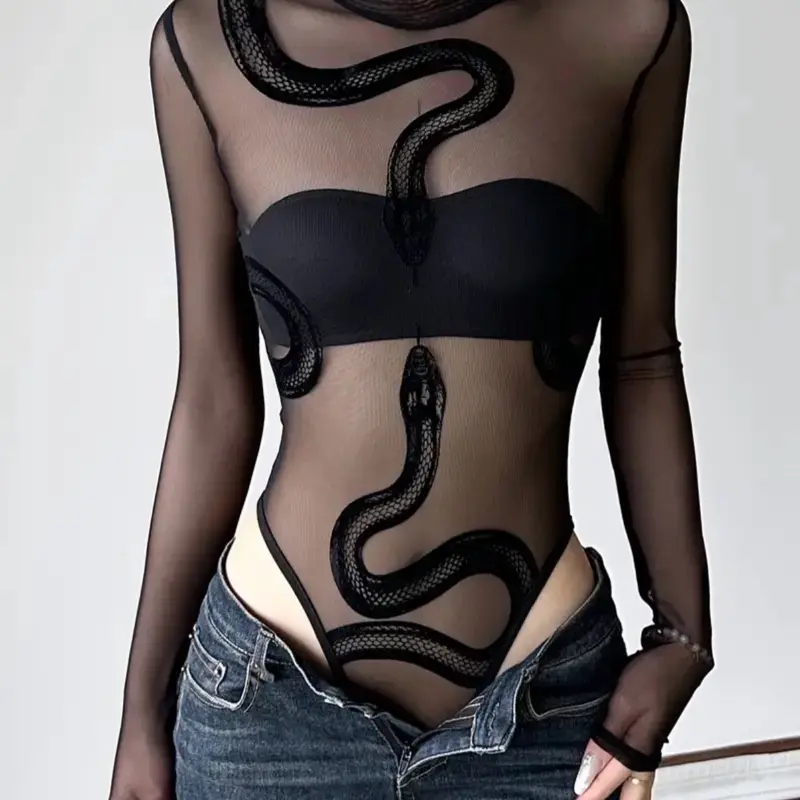 Sheer Velvet Snake Print Mesh Bodysuit, Sexy Slim-Fitting All-In-One for Summer, Elegant and Bold Fashion Statement