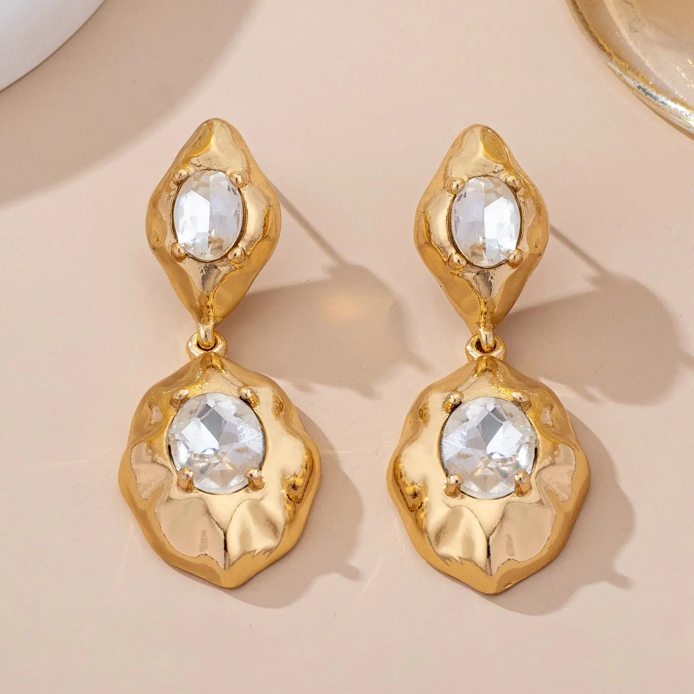 Hammered Gold & Crystal Drop Earrings