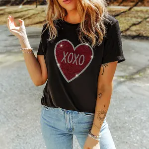 Black Rhinestone XOXO Heart Graphic Crewneck Tee