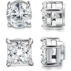 2 Pairs Stainless Steel Magnetic Stud Earrings for Men Women Non-piercing CZ 5-8MM
