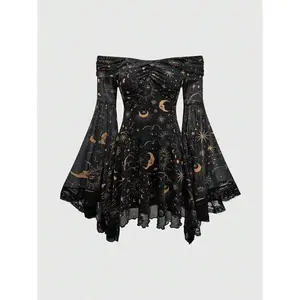 Goth Gothic Retro Mysterious Star & Moon Allover Print Off Shoulder Bell Sleeve Mesh A-Line Dress