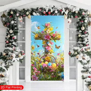 2D flat, 1 Easter door curtain, cross and Easter egg background themed door curtain, door curtain decoration banner, door hanging backdrop, indoor and outdoor party supplies, spring decoration, outdoor flag, size 35.4x70.8 inches