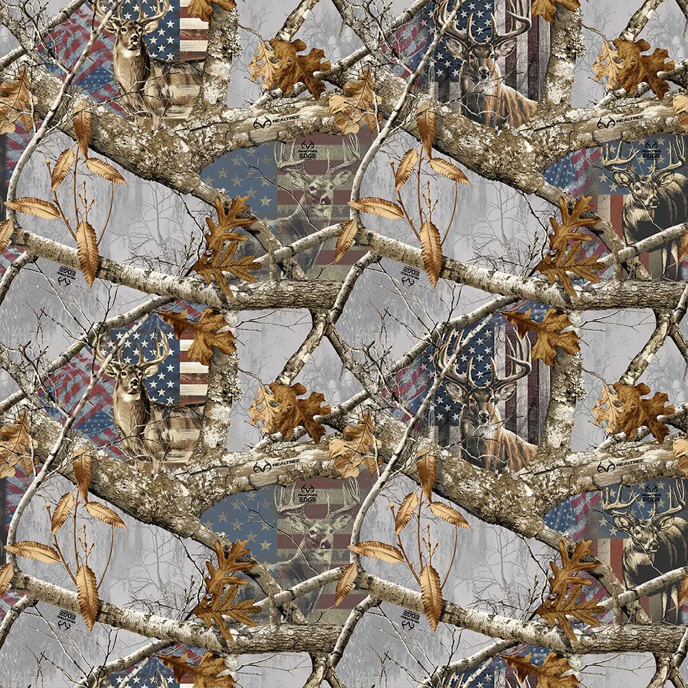 Fabric Sykel Enterprises Arctic Deer & Flag Realtree by the Quarter Yard 10451