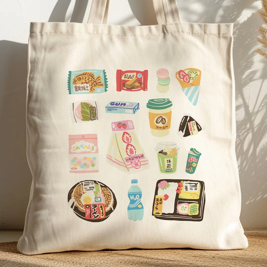 Japanese Food Tote Bag, Konbini, Conveni, Tokyo Japan Gift, Foodie Gift, Cute Kawaii Harajuku Tote, Authentic Shopper, Cotton Tote Bag