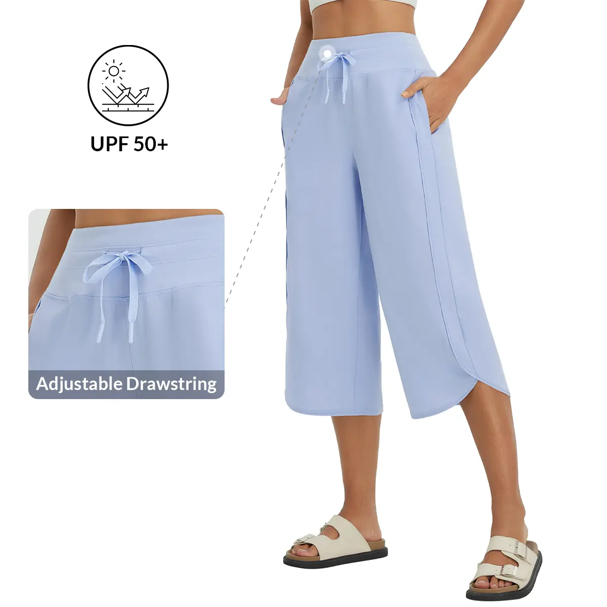 baleaf Women's 20" Wide Leg Capri Pants, Casual Lounge & Yoga Athletic Bottoms with Pockets, Quick Dry UPF 50+ gaucho pants