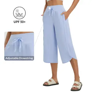 baleaf Women's 20'' Capri Pants Wide Leg Athletic Yoga Capris with Pockets Quick Dry Hiking Pants Loose Lounge Summer UPF 50+