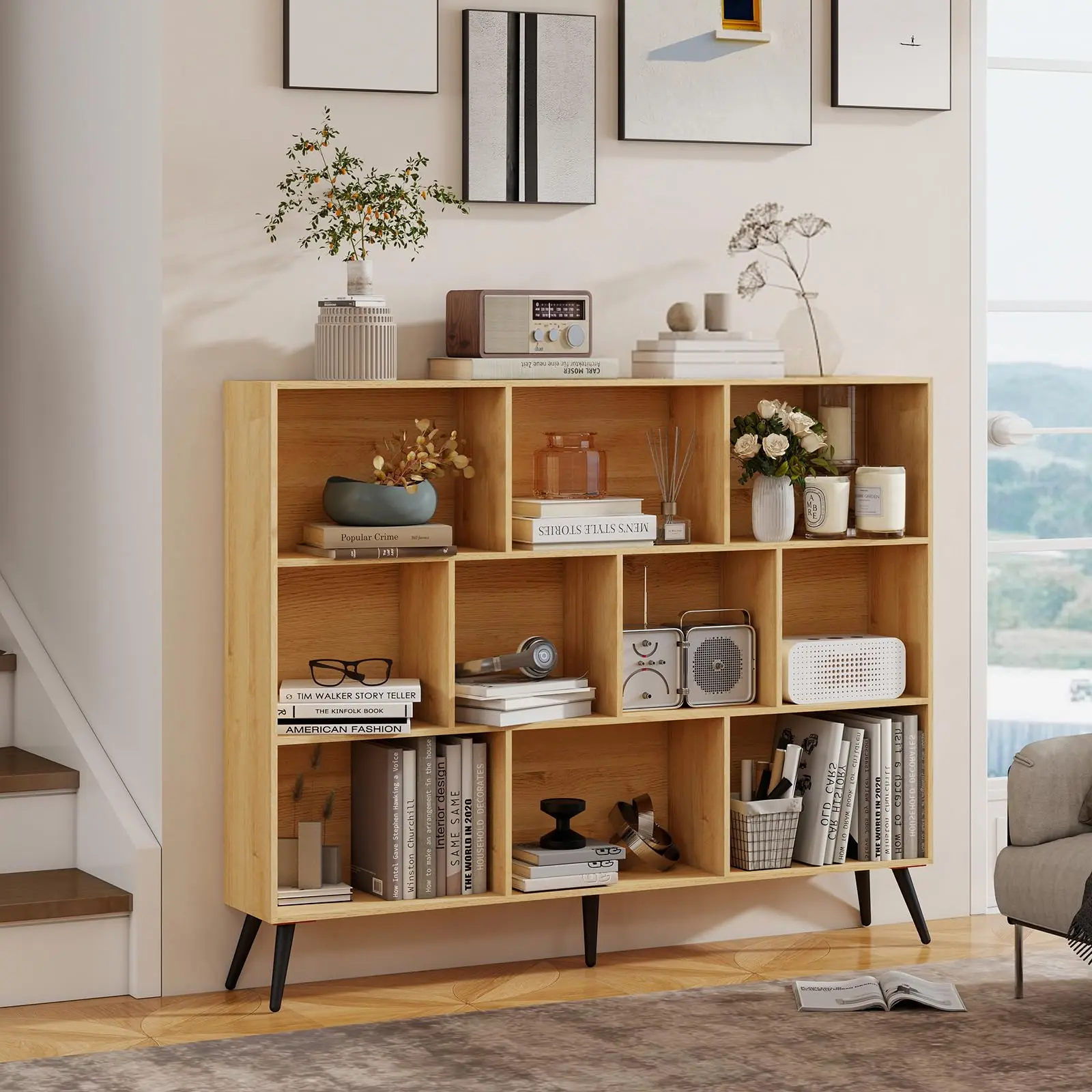 Garvee Open Wood Shelf with 3 Levels, 10-Cube Shelf, Freestanding Storage Organizer with 5 Iron Legs for Home Office, Living Room, Bedroom, Natural