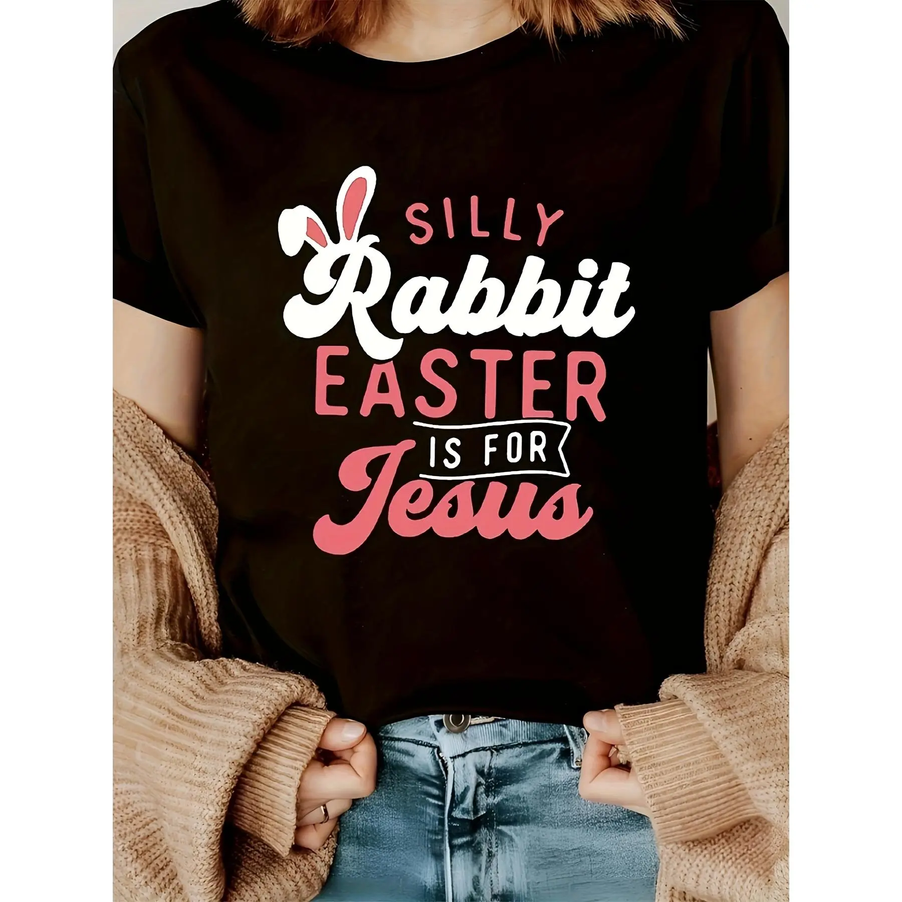 Women's Round Neck Short Sleeve T-Shirt - Soft Spandex Blended Fabric, Easter Bunny & Multicolored Flower Print, Casual Top, Machine Washable, Suitable for Spring, Summer, Autumn