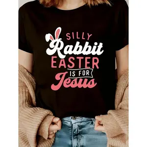Lady Easter Bunny Printed Multicolored Flower T-Shirt - Soft spandex blended fabric, casual round-neck short-sleeved top, spring bunny pattern design, machine washable, suitable for spring, summer and autumn seasons.