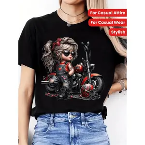 Women's Stylish Motorcycle Print Cotton Crewneck T-Shirt, Stretchable Fabric Womenswear, Comfortable Casual Sports Top