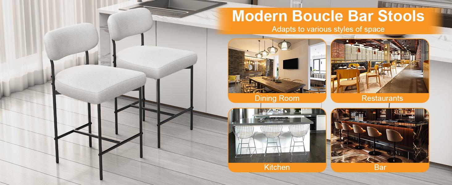 HOMMPA 26'' Bar Stools Set of 2 Boucle Counter Height Barstools Set Upholstered Modern Bar Stools Chairs with Back Metal Legs for Kitchen Island Counter White