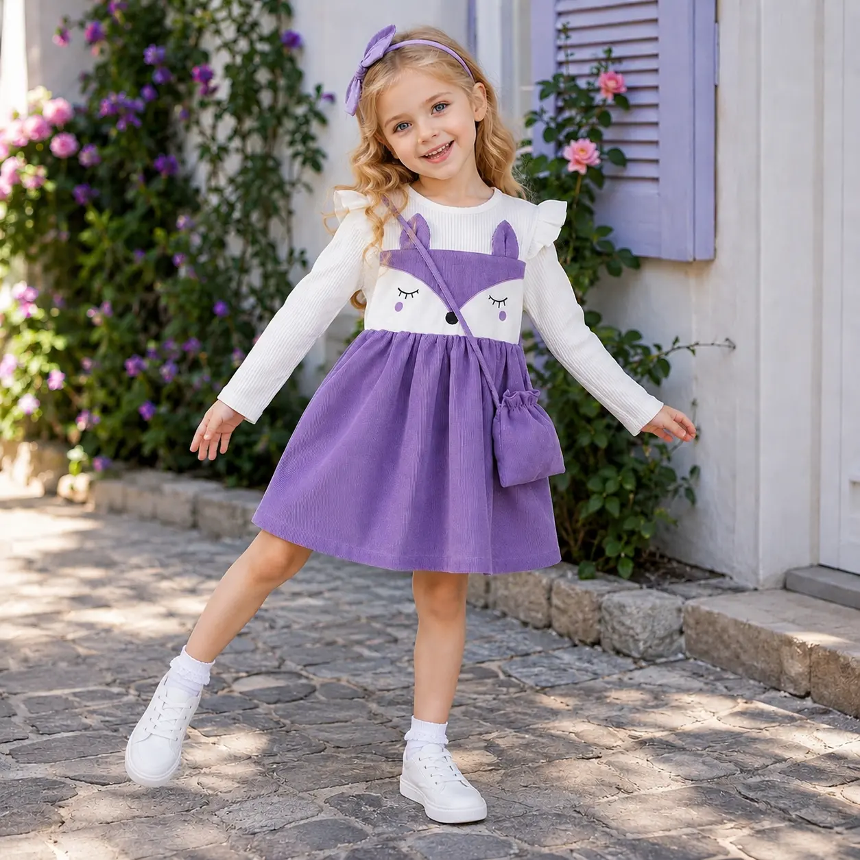 Girls Purple Fox Dress with Matching Purse | Corduroy Mock Layered Animal Outfit | Ruffle Shoulder Fall Dress for 4-7 Years