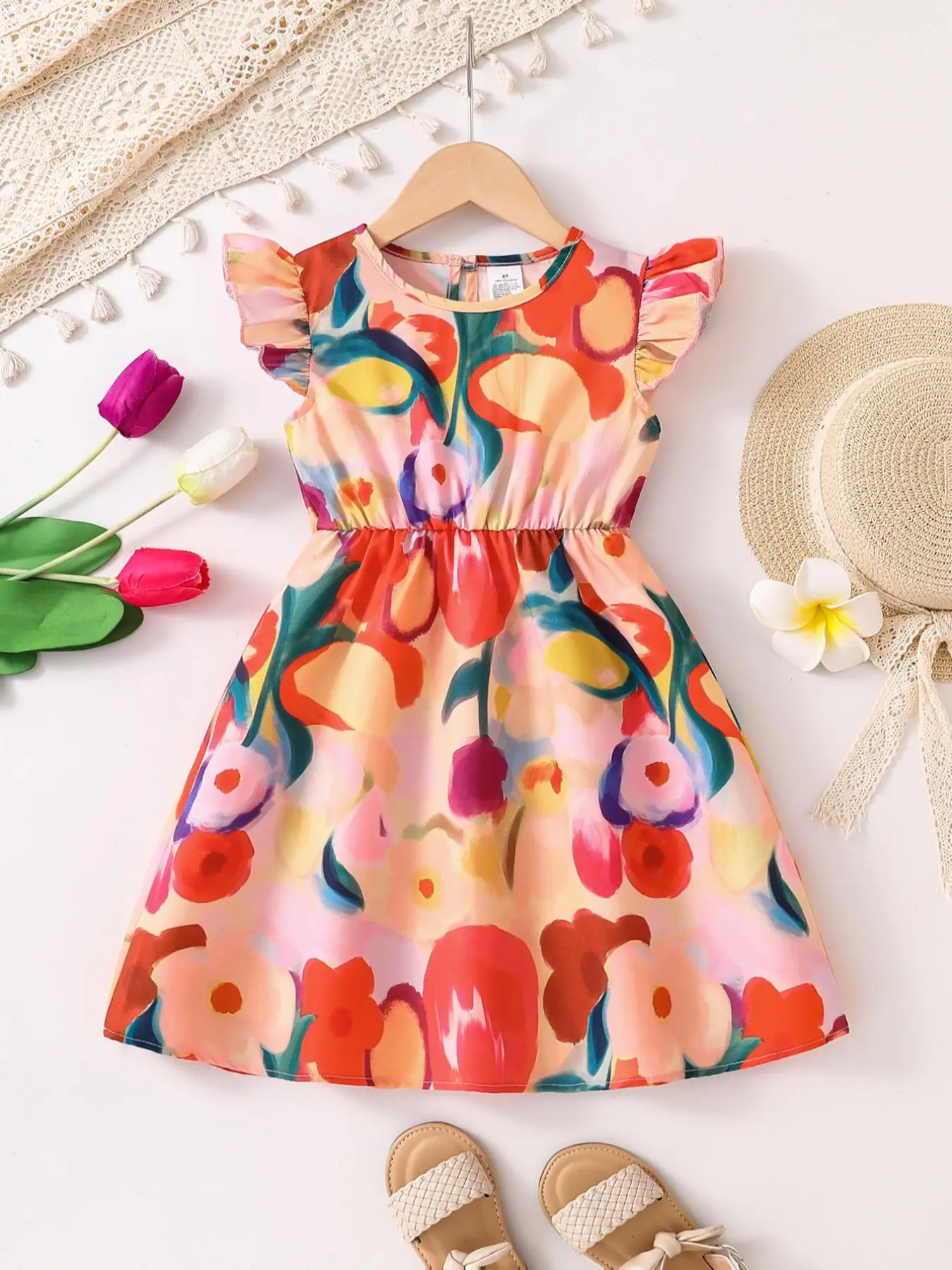 Girl's Floral Print Dress, Casual Cap Sleeve A Line Dress for Summer, Kids Clothes for Daily Wear