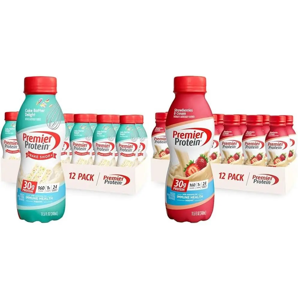 Premier Protein Shake, Cake Batter  Strawberries, 30g Protein, 1g Sugar, 24 Vitamins  Minerals, 11.5 Fl Oz Bottle, 12 Count Bundle