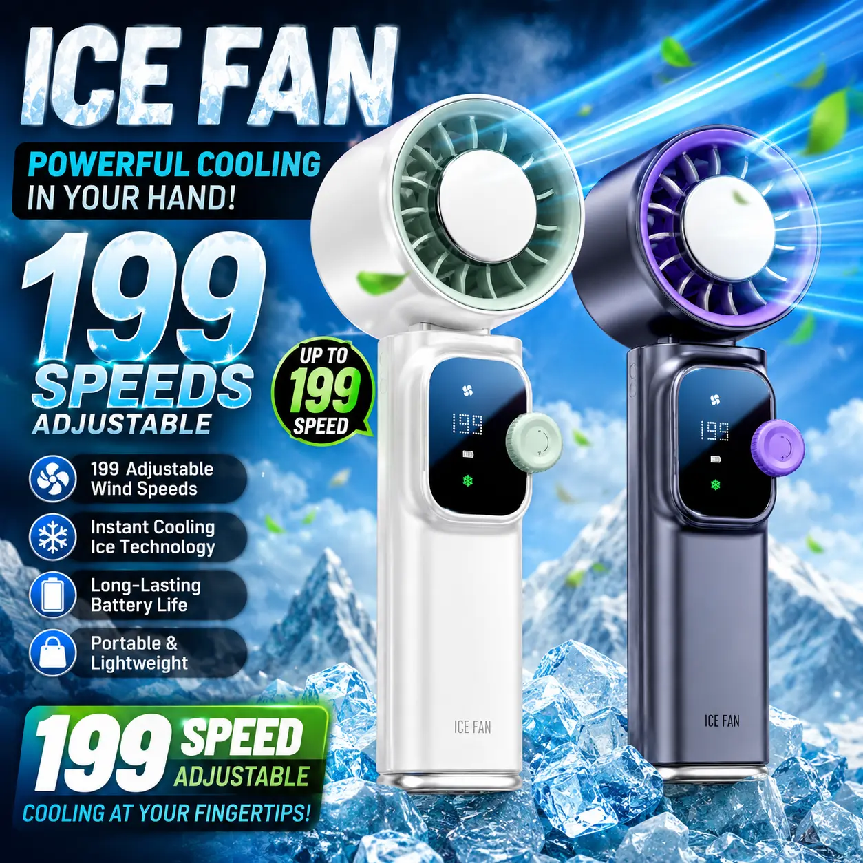 New convenient handheld turbine fan with 199 adjustable wind levels, 4000 mAh rechargeable battery, 3-in-1 air turbine cooling fan for outdoor activities, travel, and beach use (cold wind or normal temperature modes). #Global Selection
