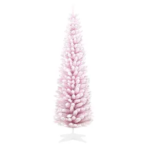 7 foot pink snow flocked pencil shaped unlit artificial christmas tree realistic branch design easy assemble indoor festive home decor