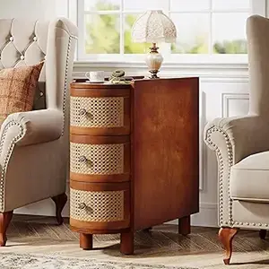 Tribesigns 3-Drawer Rattan End Table, Solid Wood Sofa Side Table with Vintage Embossed Handles, Slim Nightstand for Living Room, Bedroom, Finished Back, No Assembly (Walnut & Oak, 1 PC)