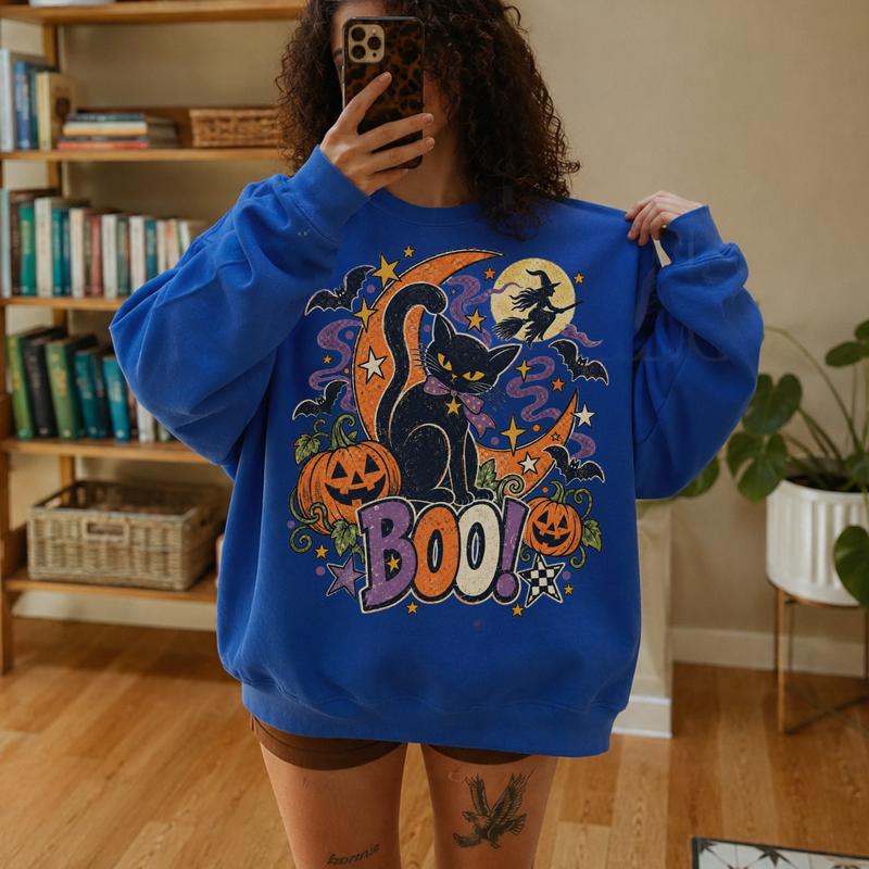 Black Cat Halloween Sweatshirt, Vintage Boo Witchy Cat Shirt, Jack O Lantern Moon Sweatshirt, Spooky Season Fall Gift
