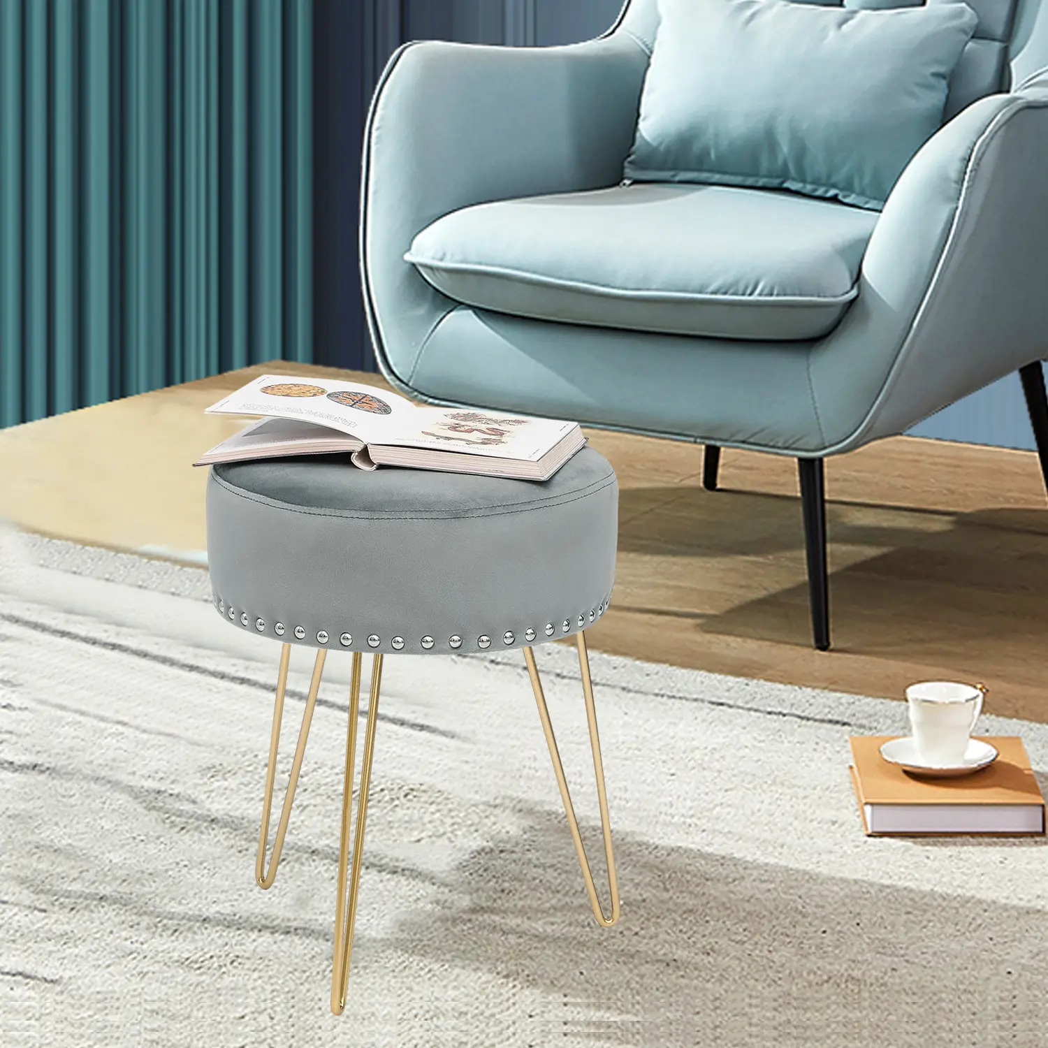 Velvet Chair Footstool Round Ottoman Golden Metal Legs with Rivets for Living Room Bedroom