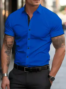Men's Summer Sapphire Blue Patchwork Shirt, Casual Shirts, Business Casual Versatile, Colorblock Design, Fitted Plain Pattern, All Seasons Wear