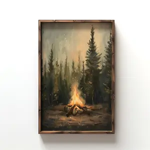 Rustic Campfire Oil Painting, Moody Pine Tree Poster Print, Camping Theme Wall Art, Cabin Wall Decor, Vintage Forest Painting, Dark Wall Art