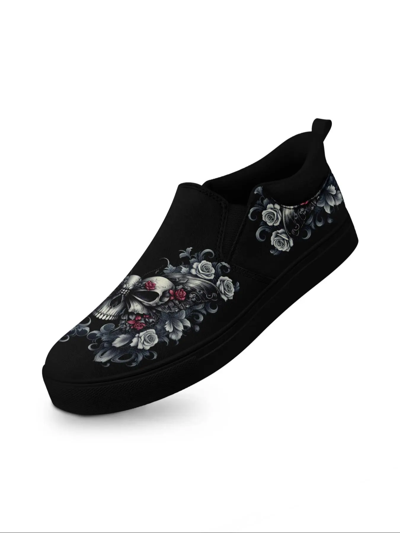 Men's Fashionable Skull & Rose Print Slip on Sneakers, Casual Comfortable Breathable Gothic Rock Punk Street Style Sneakers, Non-slip Easy Wear Shoes for Daily Use, Boy, Casual Lifestyle Footwear, Artistic Streetwear Shoes