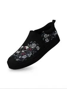 Men's Fashionable Skull & Rose Print Slip on Sneakers, Casual Comfortable Breathable Gothic Rock Punk Street Style Sneakers, Non-slip Easy Wear Shoes for Daily Use, Boy