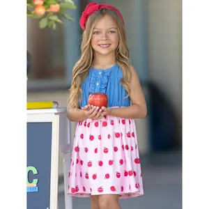 School-Ready Apple Print Chambray Dress