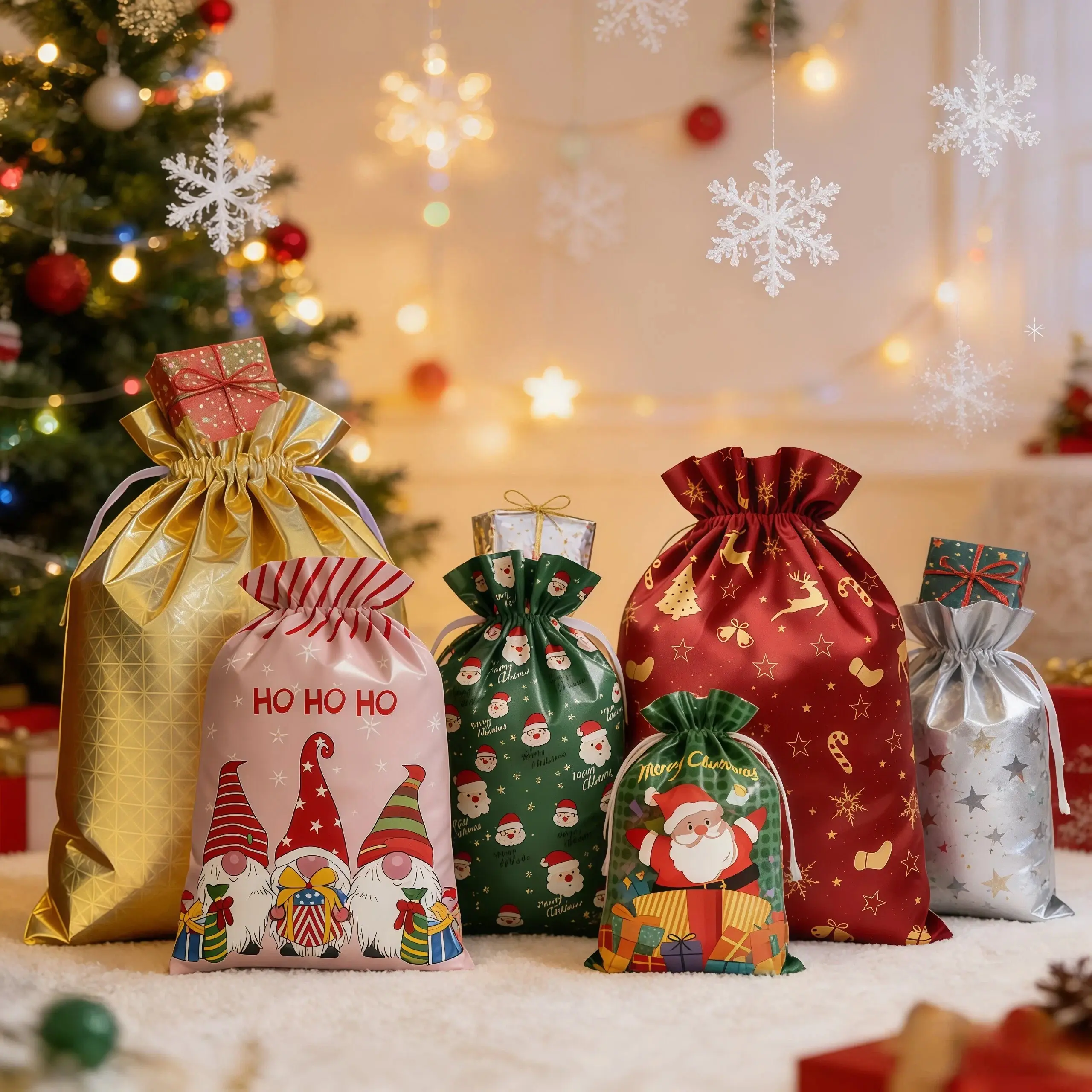 2026 54PCS Christmas Drawstring Gift Bags Set, 6 Sizes & 18 Christmas Designs, Reusable Foil Gift Bags with Ribbon Ties, Xmas Gift Wrap Bags for Treats, Candy, Presents, Party Favors, Stocking Stuffers, Holiday Gift Wrapping & Christmas Party Supplies