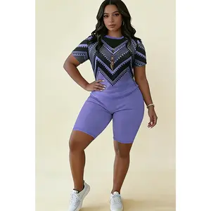 Plus Size Women's Geometric Print Two Piece Outfit - Short Sleeve T-Shirt & Biker Shorts Set, Casual Tracksuit for Summer Streetwear