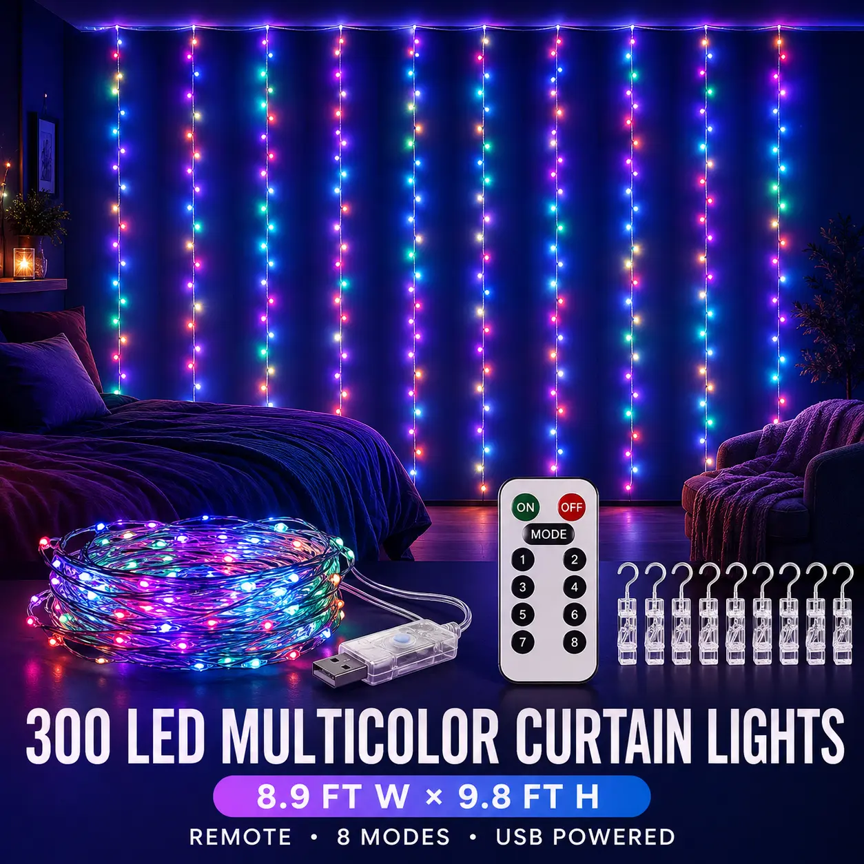 Multicolor LED Curtain Fairy Lights, 300-LED USB-Powered with Remote Control, Wall Hooks, 8 Modes, 8.9×9.8 FT Indoor Use Lighting for Bedroom, Party Decor kitchen home room window custom display solar tv backlight strip dimmable warm flexible ambient deco