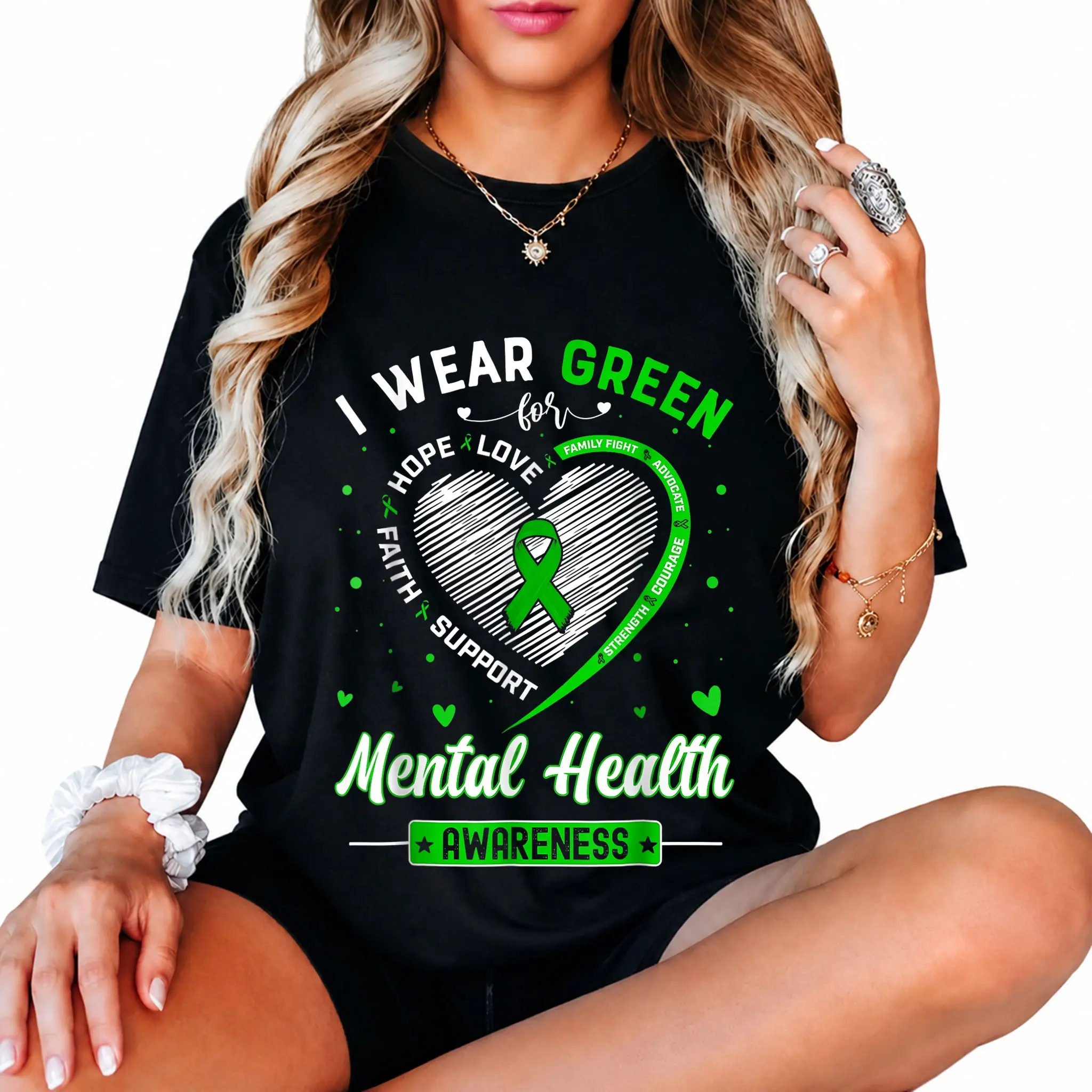 100% Cotton Heart I Wear Green For Mental Health Awareness Month T-Shirt