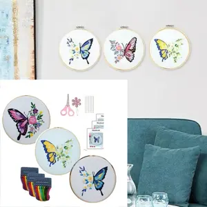 3 pack butterfly embroidery kit, including plastic embroidery frame, needle, thread, scissors, threading tool, instruction manual, perfect for adults, handmade gifts, DIY embroidery handmade gifts
