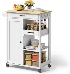 Gizoon Kitchen Island Cart with Removable Tray, 27.6''W Rolling Utility Trolley Cart with Drawer, Cabinet, Towel Rack, Hooks and 3 Open Storage Shelves, Mobile Storage Cart for Dining Room, Bar, White