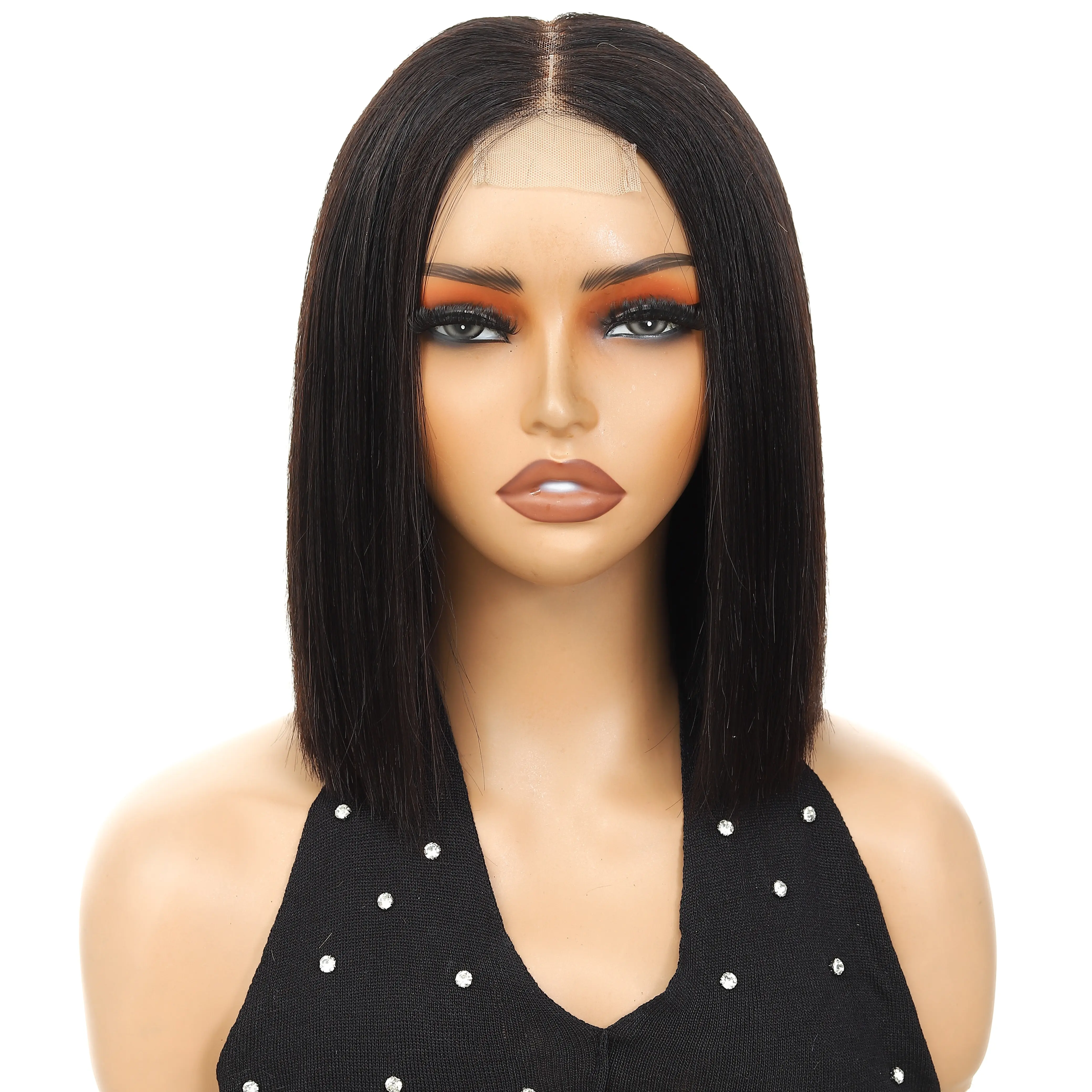 Women's 100% Human Hair 2x6 Glueless T-Part Lace Bob Wig - 8 inch Short Straight, Medium 22.5 inch Size, HD Lace, Pre-Plucked Pre-Bleached Knots, 180% Density, Drawstring, Beginner-Friendly, Heat Resistant, Natural Black Summer Wig, Glueless Wigs, Female