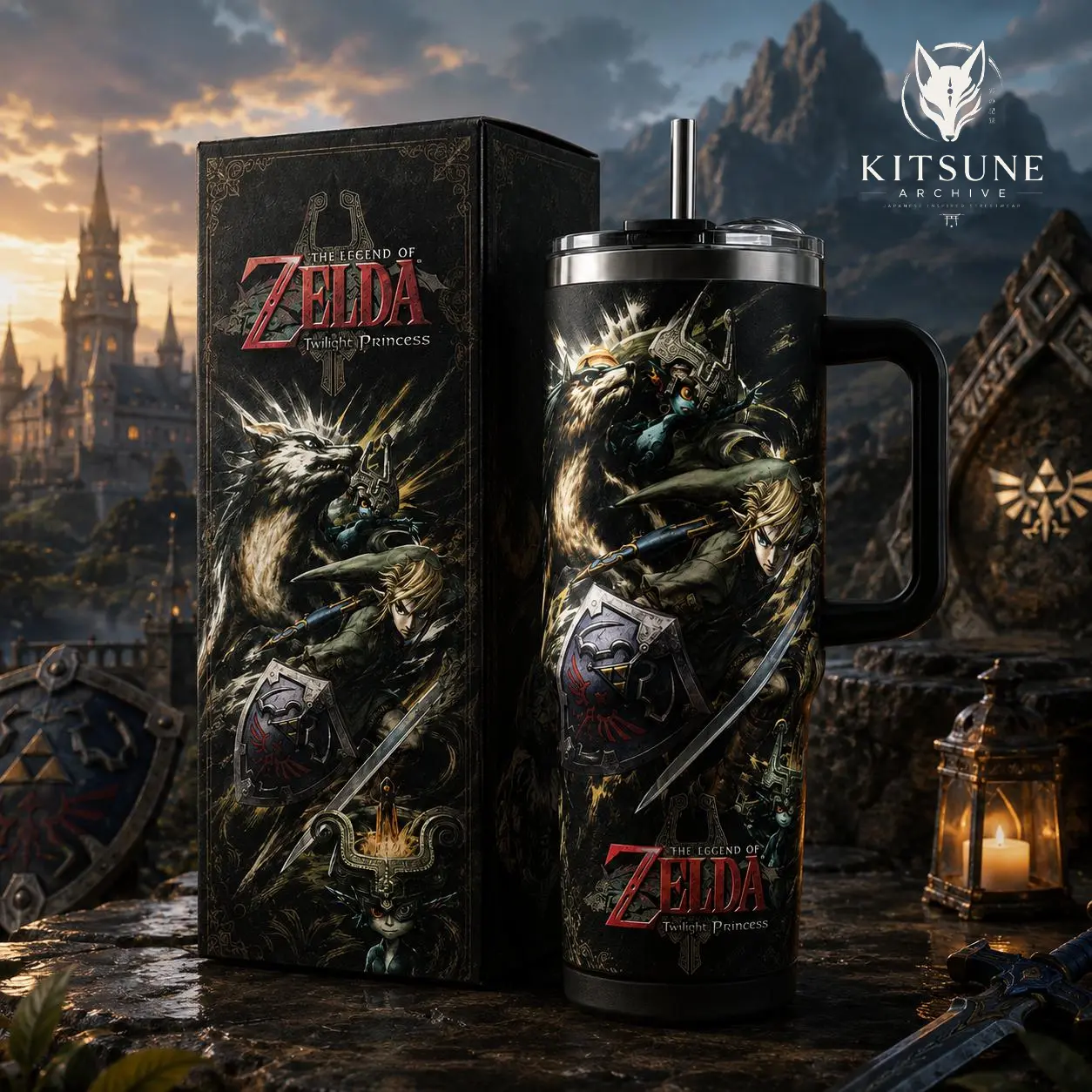 [Kitsune Archive] The Legend of Zelda Twilight Princess 40oz Tumbler with Handle & Straw, Stainless Steel Vacuum Insulated Travel Mug, Reusable Gaming Cup, Wolf Link & Midna Design, Gift for Zelda Fans