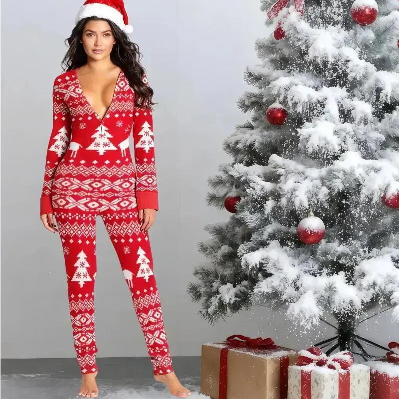 Christmas Cartoon Pajama Jumpsuit for Women New Year Button-down Front Back Ass Flap Jumpsuit Xmas Print Loungewear comfort womenswear top cute plush sexy top slim Christmas Cartoon Pajama Jumpsuit for Women New Year Button-down Front Back Ass Flap Jumpsuit Xmas Print Loungewear comfort womenswear top cute plush sexy top slim