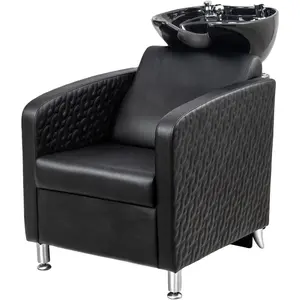 OmySalon Salon Shampoo Bowl and Chair, Shampoo Chair Extra Wide Seat & Porcelain Hair Washing Sink, Shampoo Unit for Beauty Spa Barbershop, Black