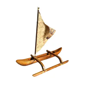 Vintage KOA Wood Hawaiian Outrigger Canoe with Painted Tapa Cloth Sail