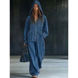 AutumnandWinterNewEuropeanandAmericanHoodedJumpsuitDenimWomen'sClothing,SpringNewAmericanHighStreetPants,LazyCasualStyle
