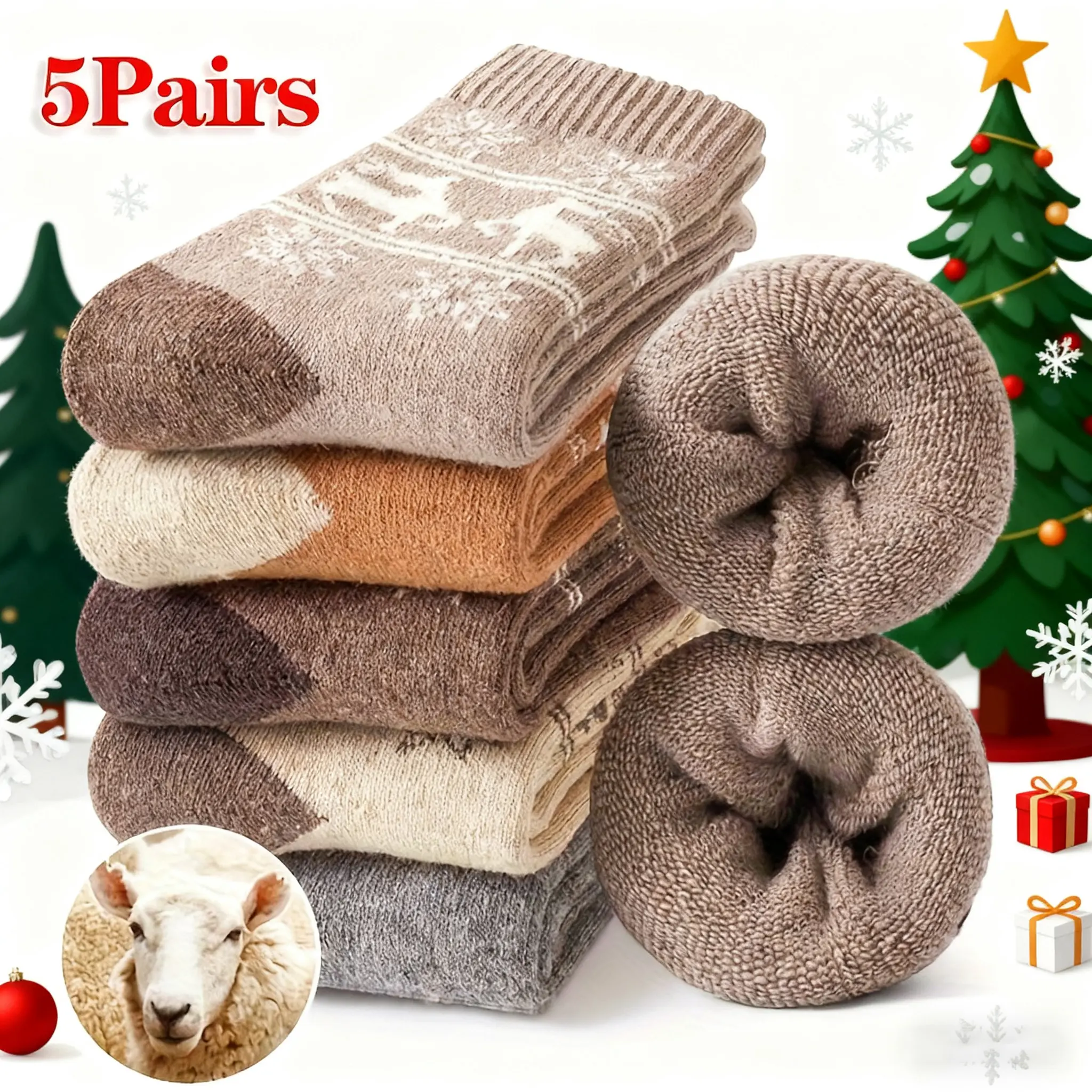 5 Pairs of Comfortable Blend Women's Socks - Thick, Warm, Fuzzy Mid-Calf Winter Socks with Christmas Pattern