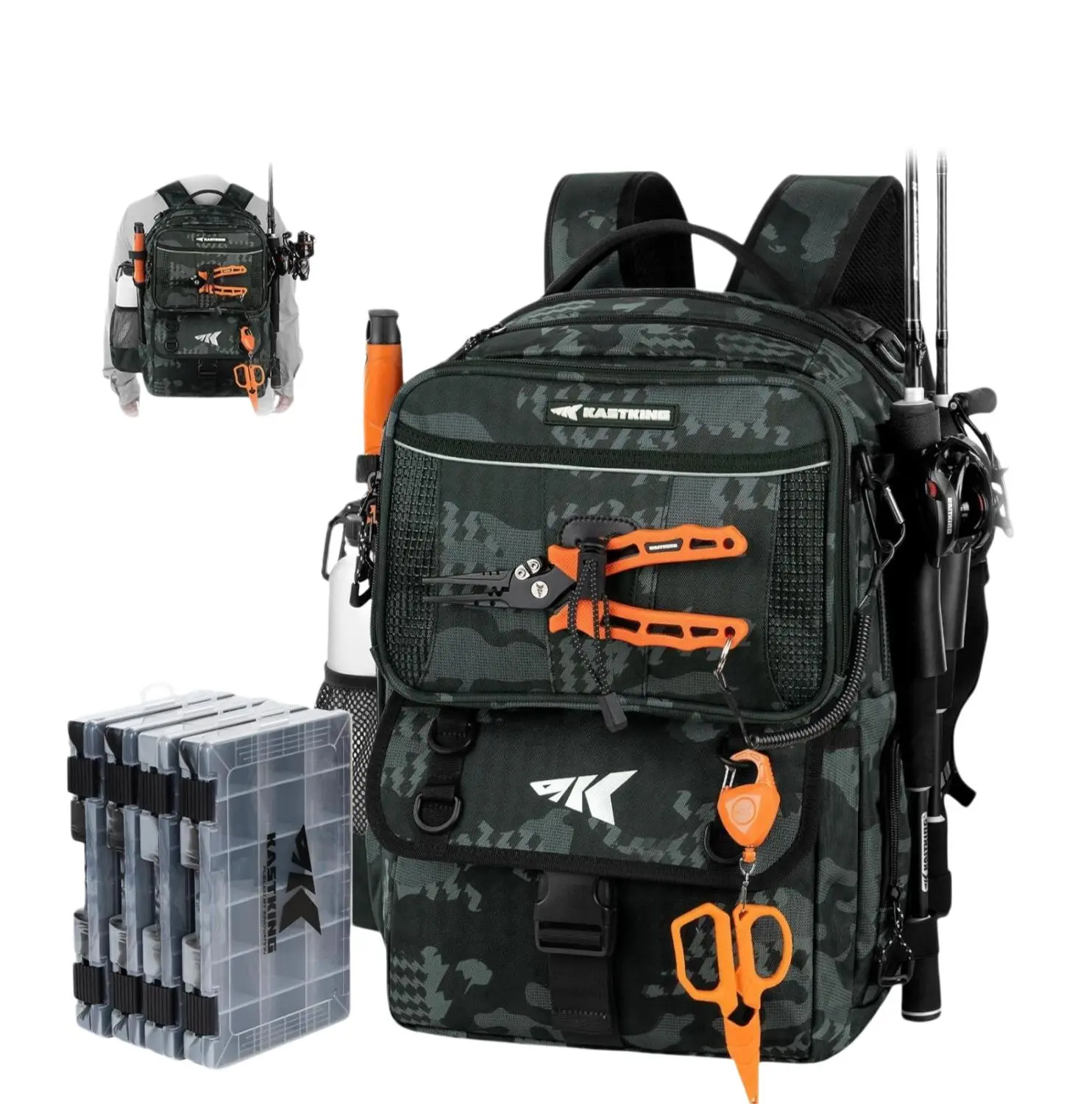 KastKing BaitSpace 50L Fishing Tackle Backpack with Removable Bait Binder & 4 Tackle Boxes, Rod Holders Storage Fishing Gear SummerVibes